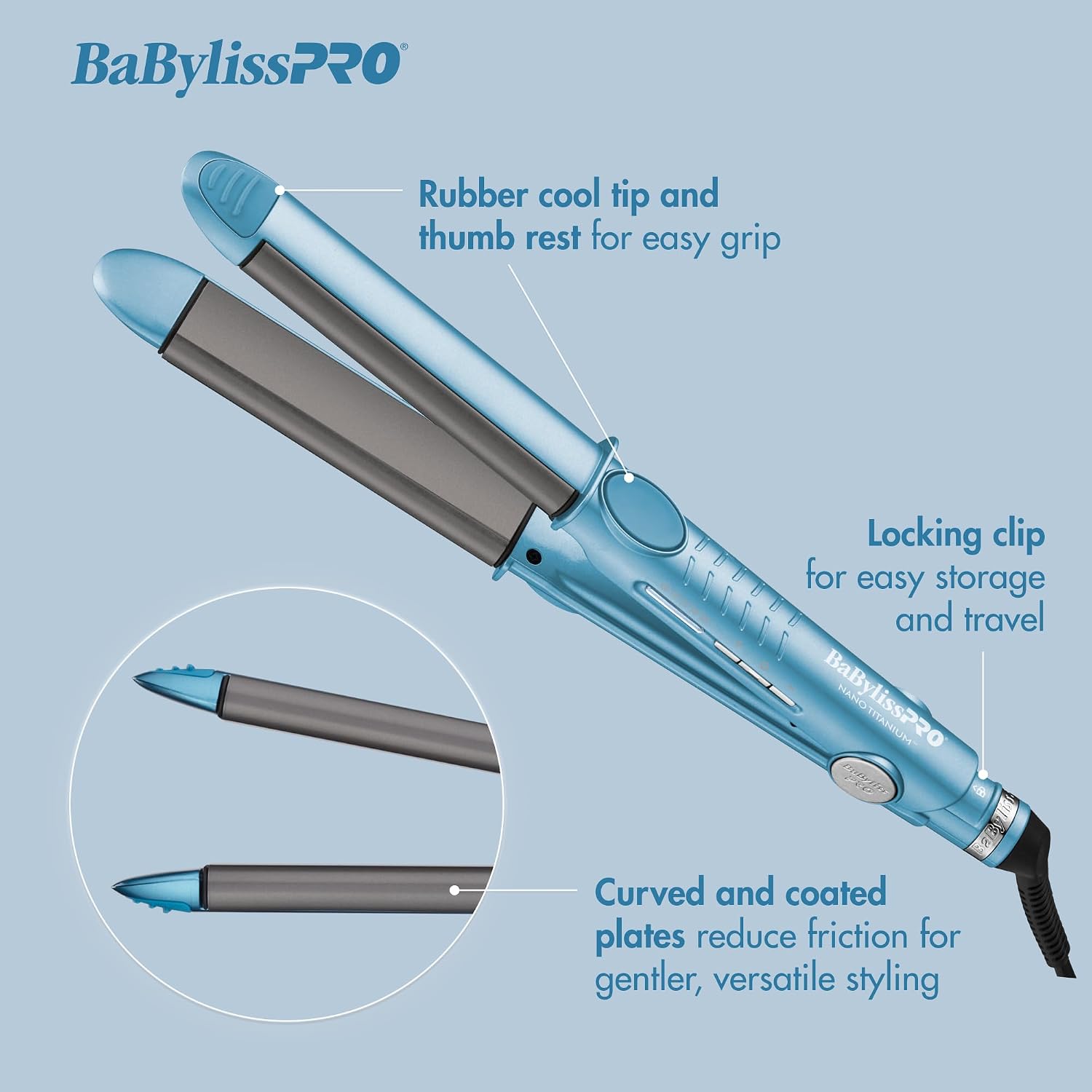 BaBylissPRO Nano Titanium Flat Iron Hair Straightener, 1' Curved Styler for Professional Salon Results and All Hair Types