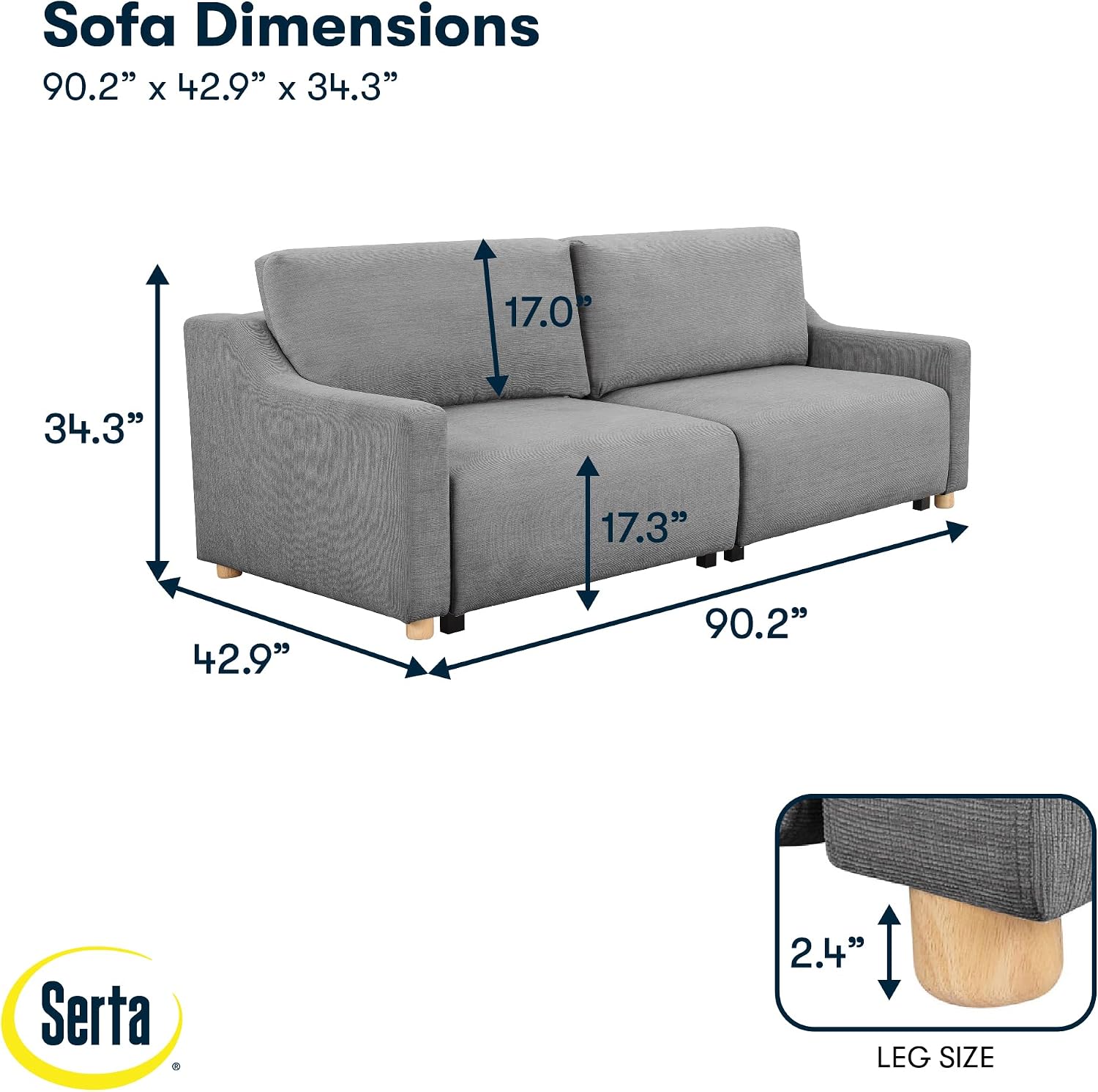 Serta Glendale 90.2' Queen Size Wall-Hugging Convertible Sofa, Dreamcoil Comfort, Chenille Fabric, Grey