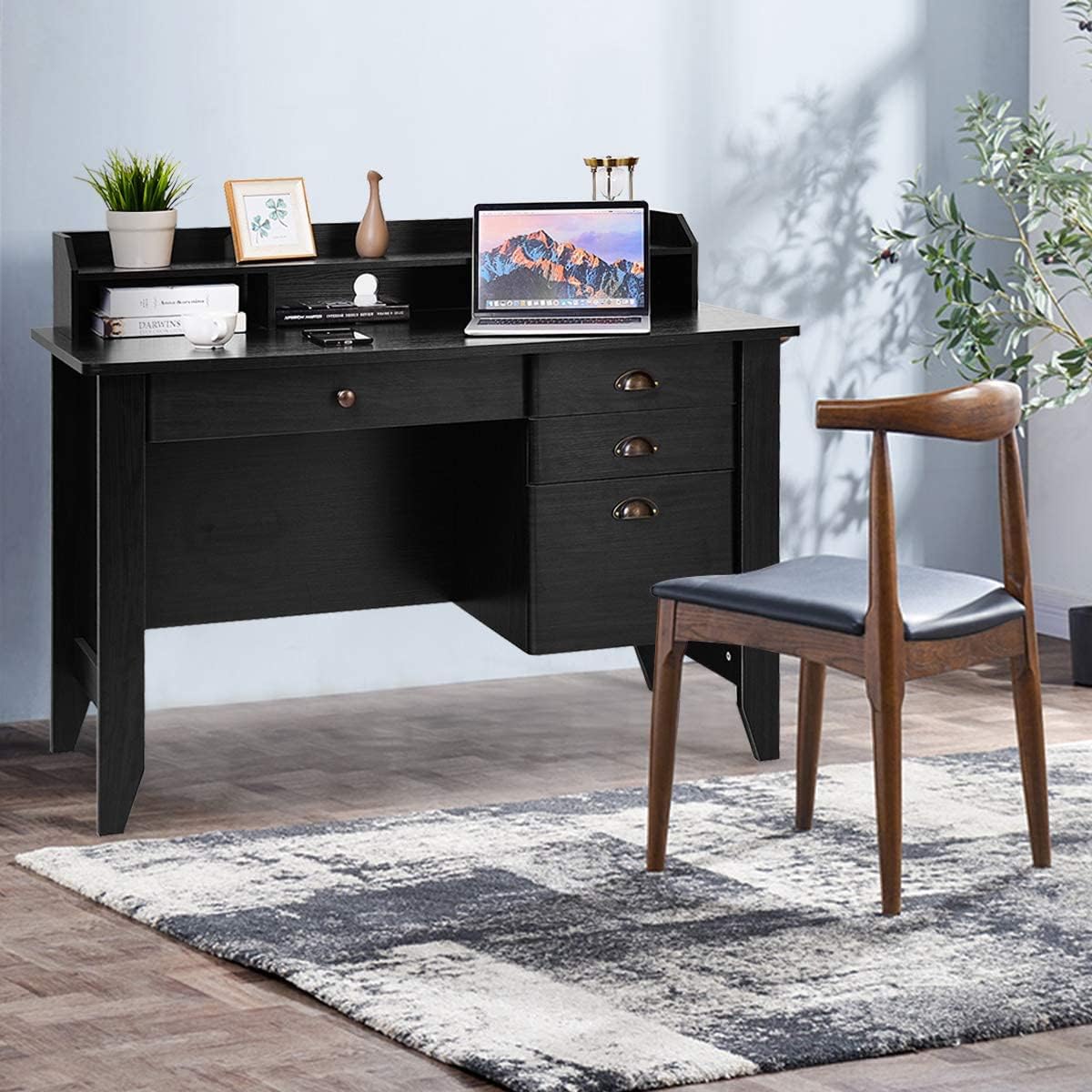 Tangkula Computer Desk with 4 Storage Drawers & Hutch, Home Office Desk Vintage Desk with Storage Shelves, Wooden Executive Desk Writing Study Desk (Black)