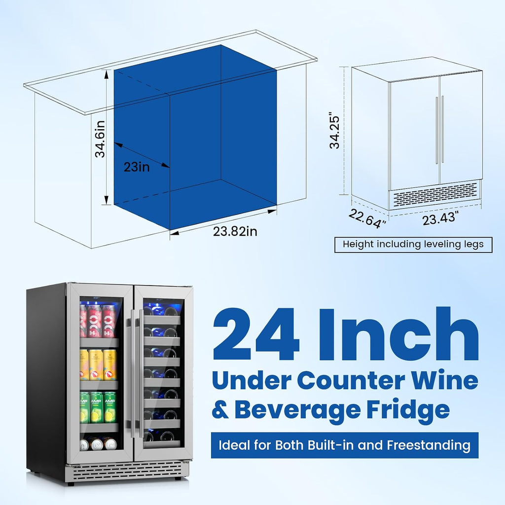 24 Inch Wine and Beverage Refrigerator, Dual Zone Wine Cooler Refrigerator- 20 Bottles & 88 Cans with Stainless Steel Racks, Under Counter/Freestanding Beverage Fridge for Drink/Beer/Wine