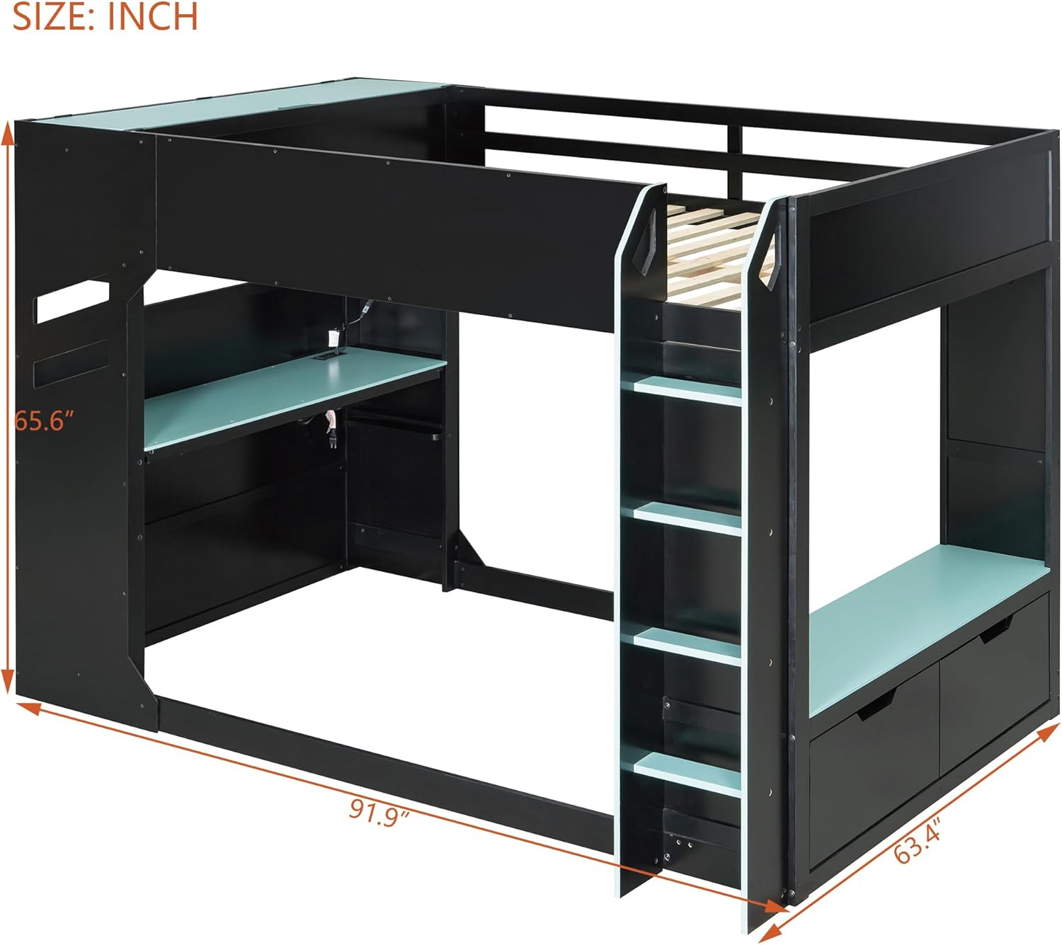 Merax Wood Loft Bed with Height-Adjustable Desk,Drawers,Storage Compartments,Hanging Rod and RGB Lights, Full Size, Blue