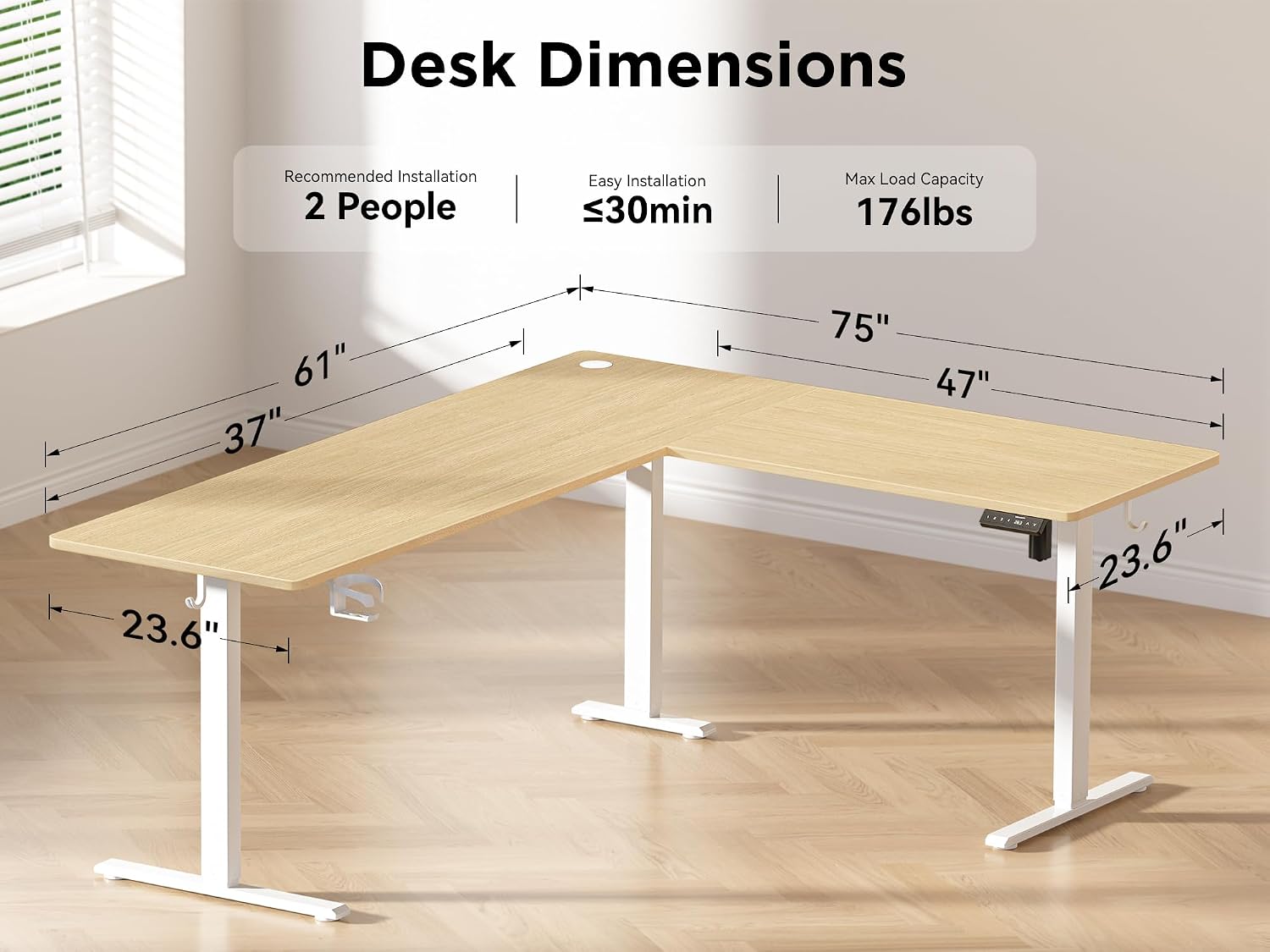 WALKINGDESK 75x61 Inches Reversible L Shaped Standing Desk Height Adjustable with Cup Holder, Electric Corner Computer Workstation for Home Office, Ergonomic Sit Stand up Gaming Desk, Oak