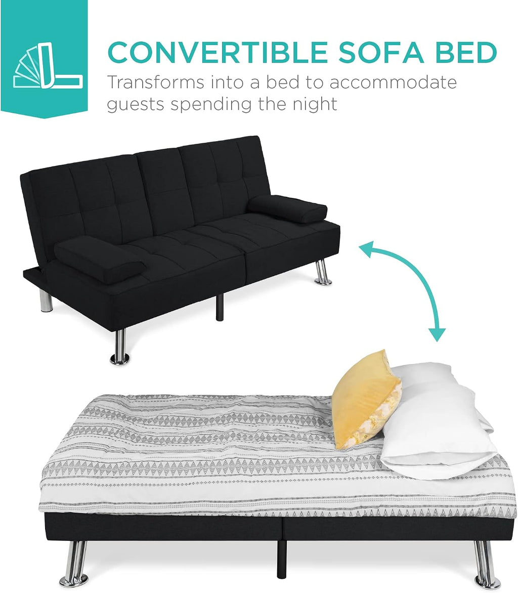 Best Choice Products Linen Modern Folding Futon, Reclining Sofa Bed for Apartment, Dorm w/Removable Armrests, 2 Cupholders - Black
