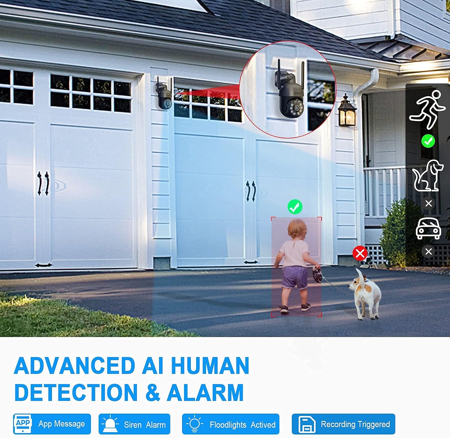 Wireless Security Camera System, 4pcs 3MP PTZ Cameras Outdoor Indoor, CKK WiFi Surveillance NVR System with Floodlights & Siren Alarm, 2 Way Audio, 24/7 Record, Expandable 10CH, No HDD
