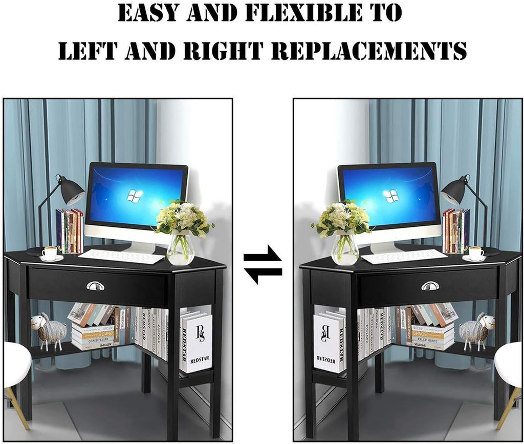 Tangkula Corner Desk, Corner Computer Desk with Drawer for Small Space, Small Corner Makeup Vanity Desk, 90 Degrees Triangle Corner Desk with Storage Shelves