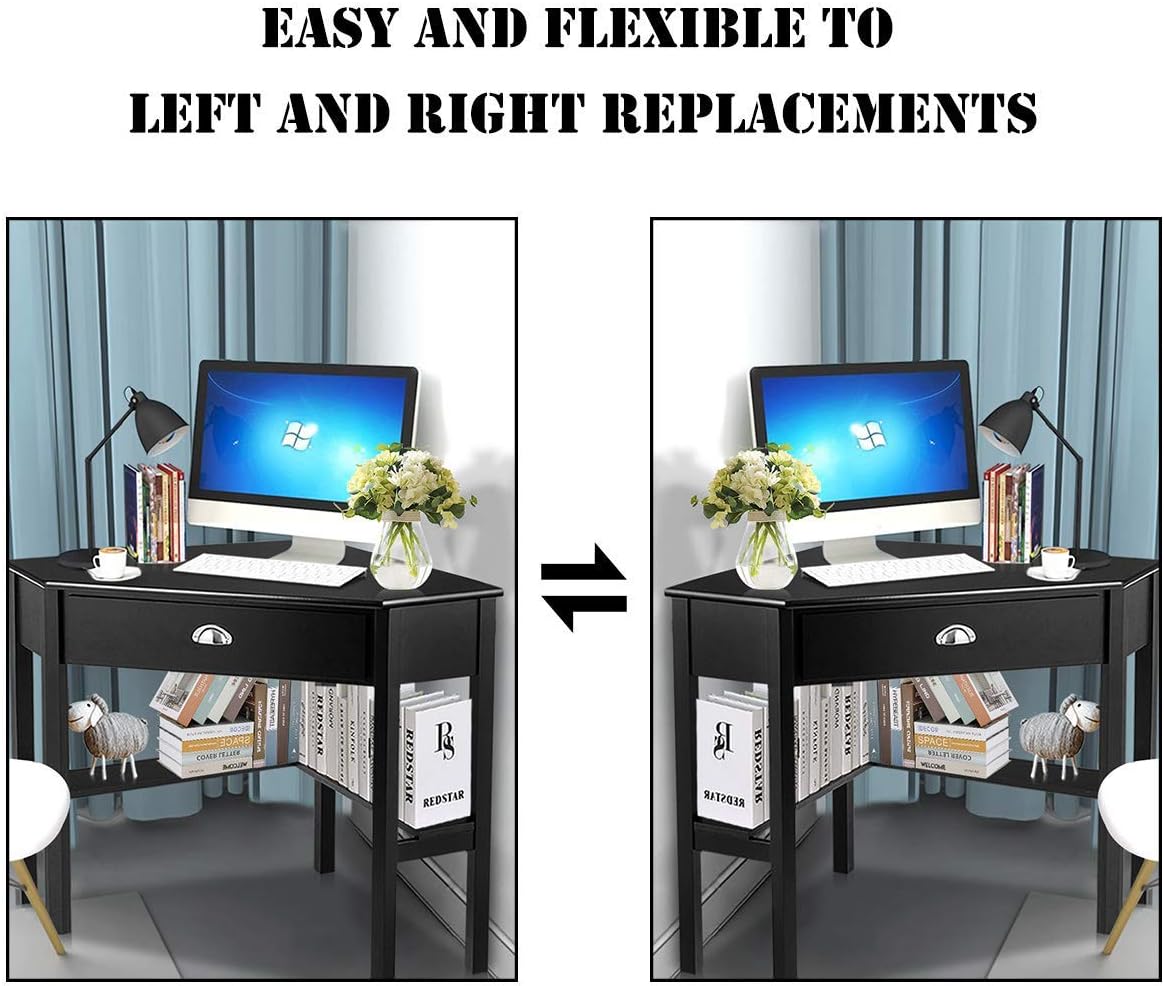 Tangkula Corner Desk, Corner Computer Desk with Drawer for Small Space, Small Corner Makeup Vanity Desk, 90 Degrees Triangle Corner Desk with Storage Shelves