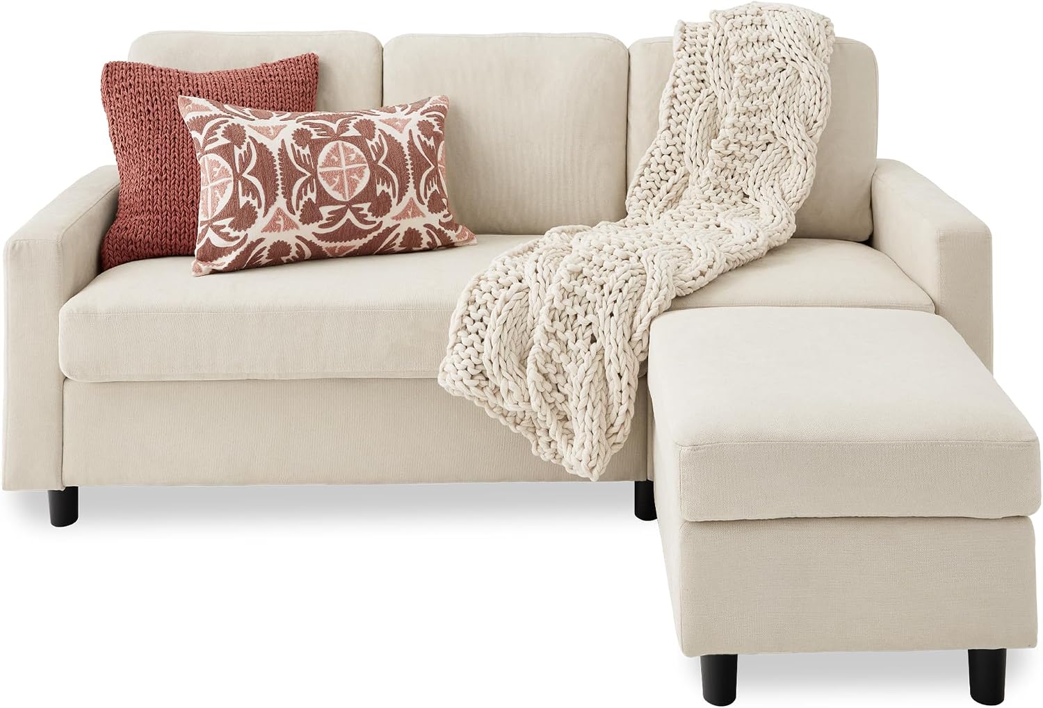 Best Choice Products Upholstered Sectional Sofa for Home, Apartment, Dorm, Bonus Room, Compact Spaces w/Chaise Lounge, 3-Seat, L-Shape Design, Reversible Ottoman Bench, 680lb Capacity - Ivory