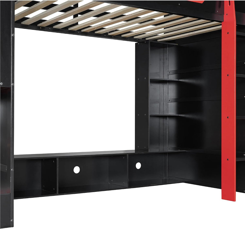 Merax Wood Loft Bed with Desk, Multi-Storage Shelves and RGB Light, Twin Size, Red