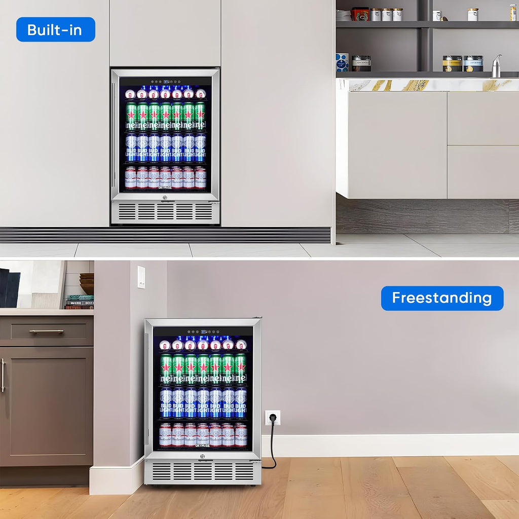 ORYMUSE 24' Beverage Refrigerator, 180 Can Under Counter Drink Cooler with Glass Door & Lock, Built-in or Freestanding Mini Fridge with Quiet Compressor Cooling for Beer, Soda & Wine