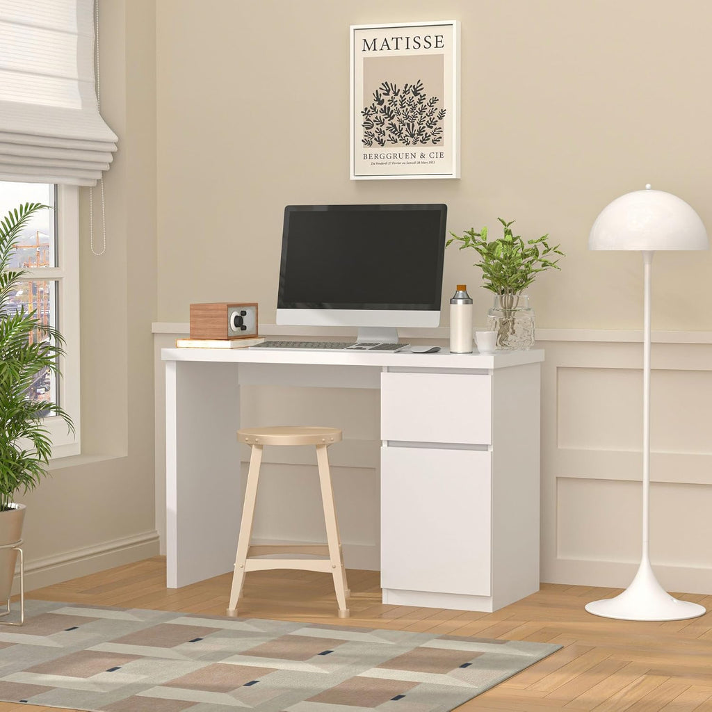 furtble White Desk with Drawers, 43 Inch Small Cute Desk for Bedroom, Home Office PC Desks Workstation Study Table Desks with Storage, White