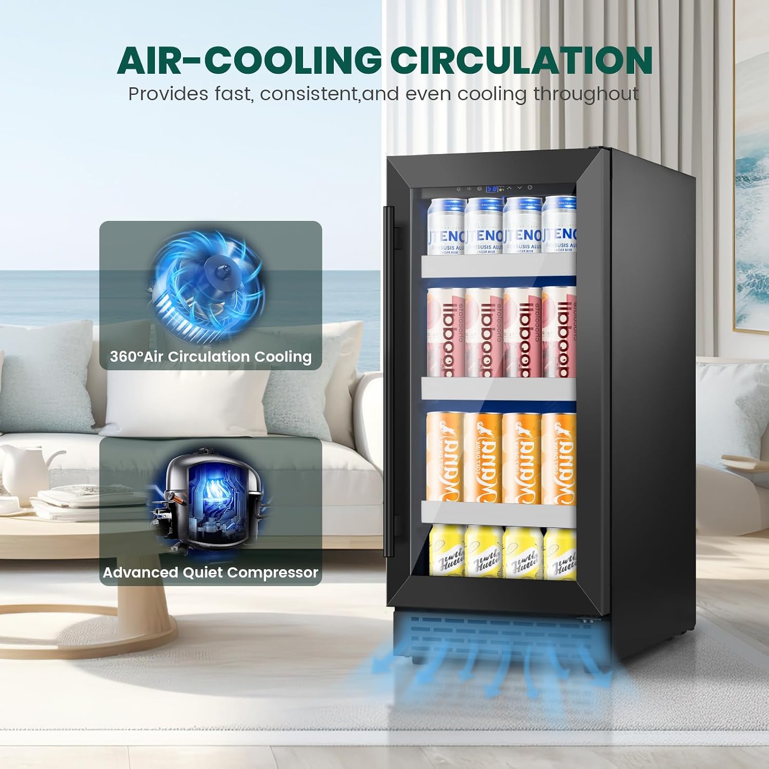 15 Inch Black Beverage Refrigerator,130 Cans Beverage Cooler Under Counter/Freestanding with Glasses Door,Drink Fridge Upgraded Compressor and Reversible Door for Beer,Soda,Juice-Home,Office