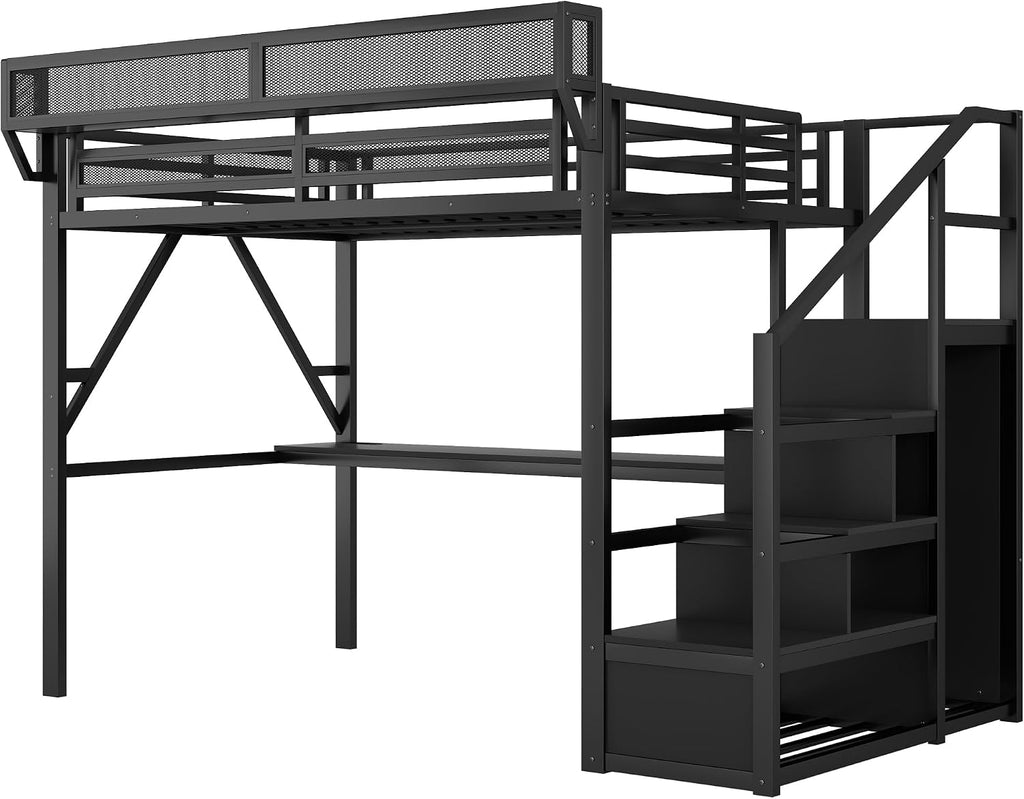 Queen Size Loft Bed with Stairs & Desk, Metal High Gaming Loft Bed Queen Frame with Storage Shelves, RGB Light & Charging Station, Heavy-Duty Beds with Closet for Adults,Teens, Kids, All Black