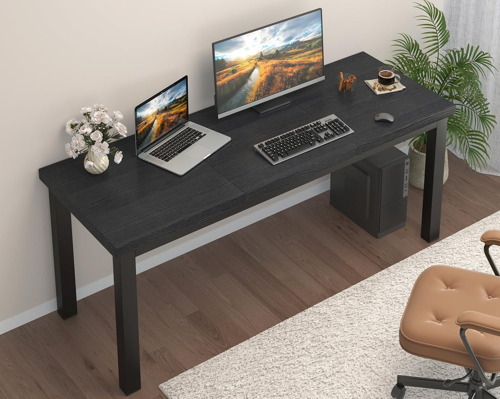 55 Inch Computer Desk, Modern Table with Thick Tabletop, Small Gaming Desk with Adjustable Feet, Study Writing Table for Home Office Work, Black