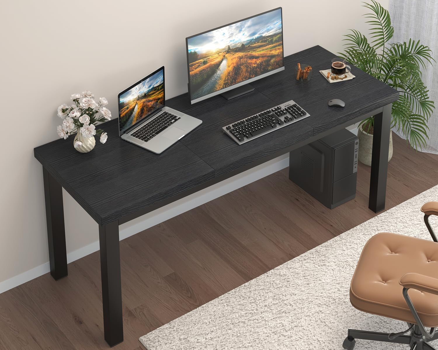 55 Inch Computer Desk, Modern Table with Thick Tabletop, Small Gaming Desk with Adjustable Feet, Study Writing Table for Home Office Work, Black
