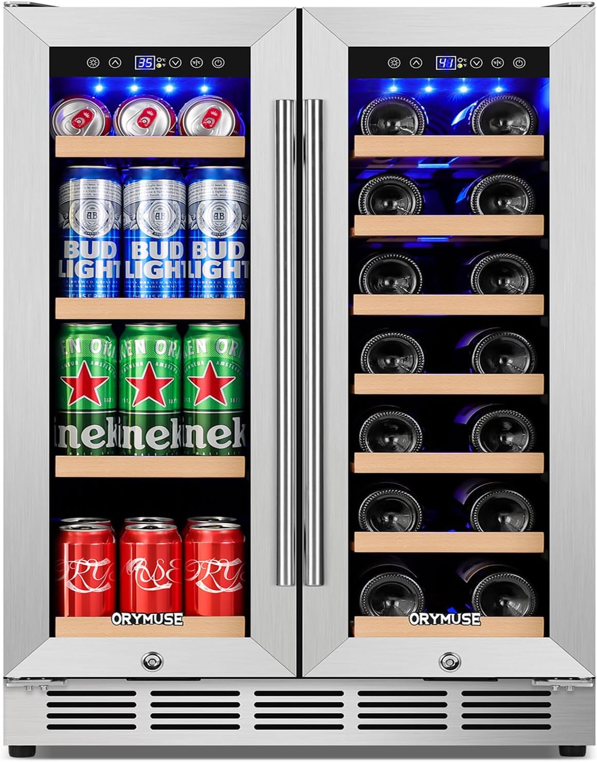 ORYMUSE 24 Inch Dual Zone Wine and Beverage Refrigerator, Built-in or Freestanding Cooler with French Doors, Drink Fridge with Upgraded Compressor for Beer, Wine, and Soda