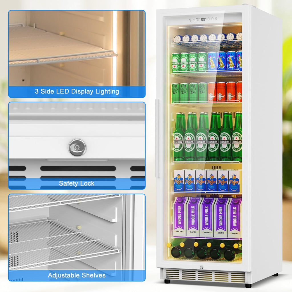 Velivi Commercial Display Beverage Fridge: 13.8 Cu Ft Upright Cooler with Glass Door, LED Lighting, Low Noise, and Rapid Cooling for Restaurants, Shops, and Offices (White)