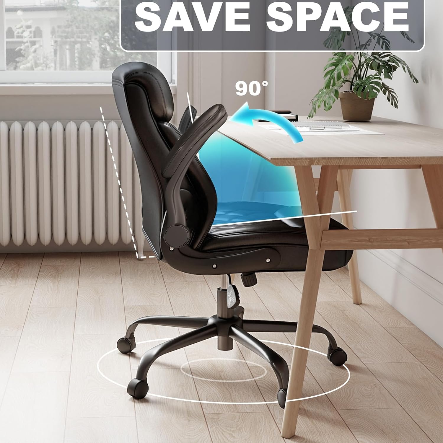 AnyGod Ergonomic Mid-Back Desk Chairs Comfy for Home Office with Flip-up Armrests, Lumbar Support, Adjustable Height and Swivel Rolling Wheels