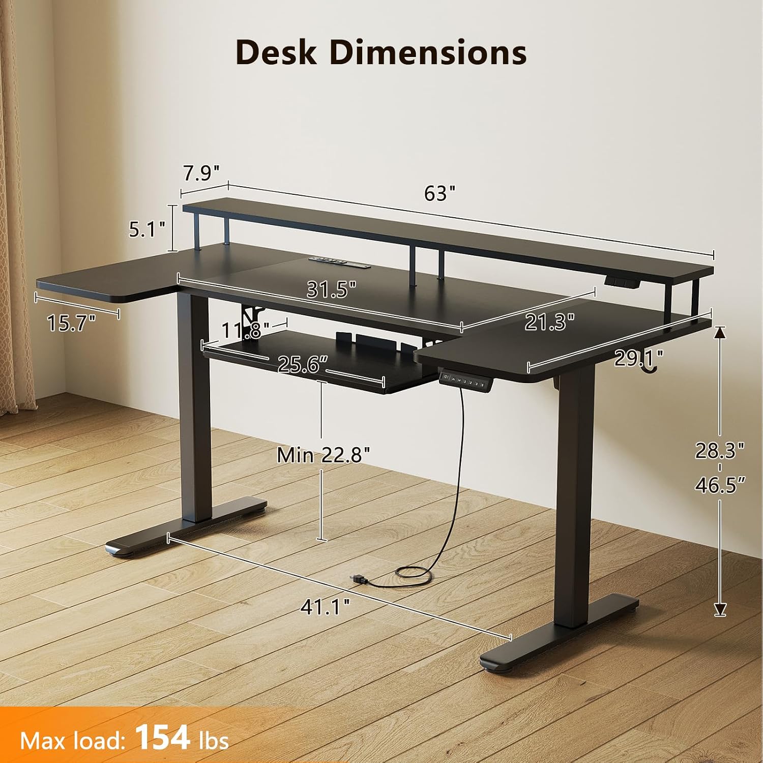 OffiGo U Shaped Electric Standing Desk with Keyboard Tray, 63 Inch Height Adjustable Desk with Power Outlets & LED Lights, Sit Stand Table with Monitor Stand for Home, Office, Black