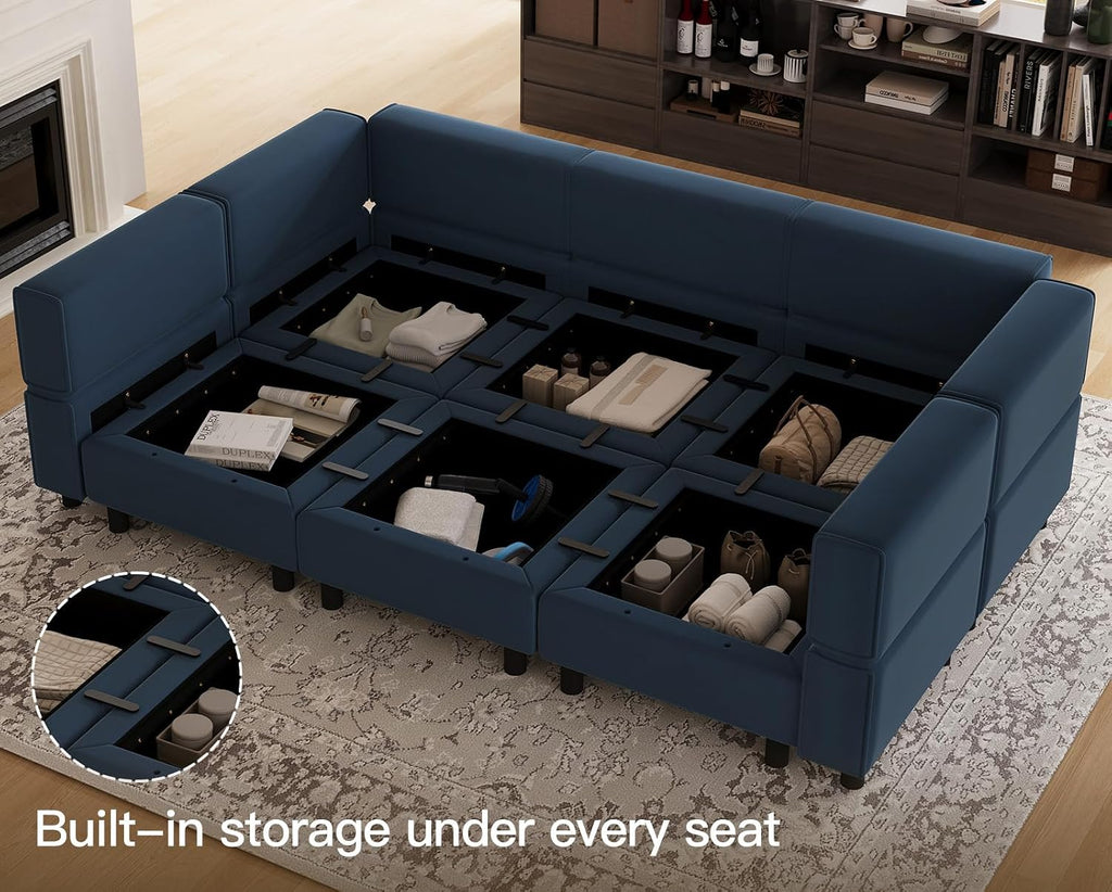 Belffin Modular Velvet Sectional Sofa with Chaise Lounge Sectional Sleeper Sofa with Storage Chaise Bed Couch for Living Room Blue