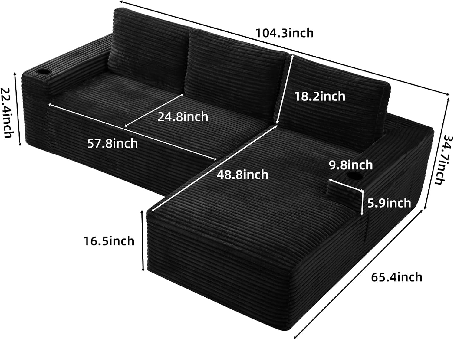 104' L Shaped Boneless Sectional Couches for Living Room, Comfy Corduroy Floor Cloud Sofa with Chaise and Cup Holder, Wide Armrest, Deep Seat, Assembly Free, Ideal for Small Spaces, Black
