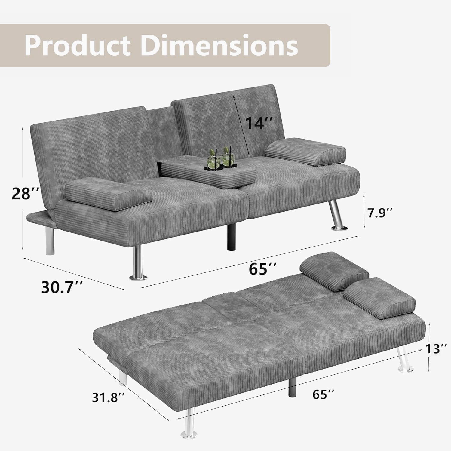 Flamaker Futon Sofa Bed Modern Folding Futon Set Convertible Recliner Lounge for Living Room with 2 Cup Holders, Removable Armrests (Corduroy, Marble Grey)