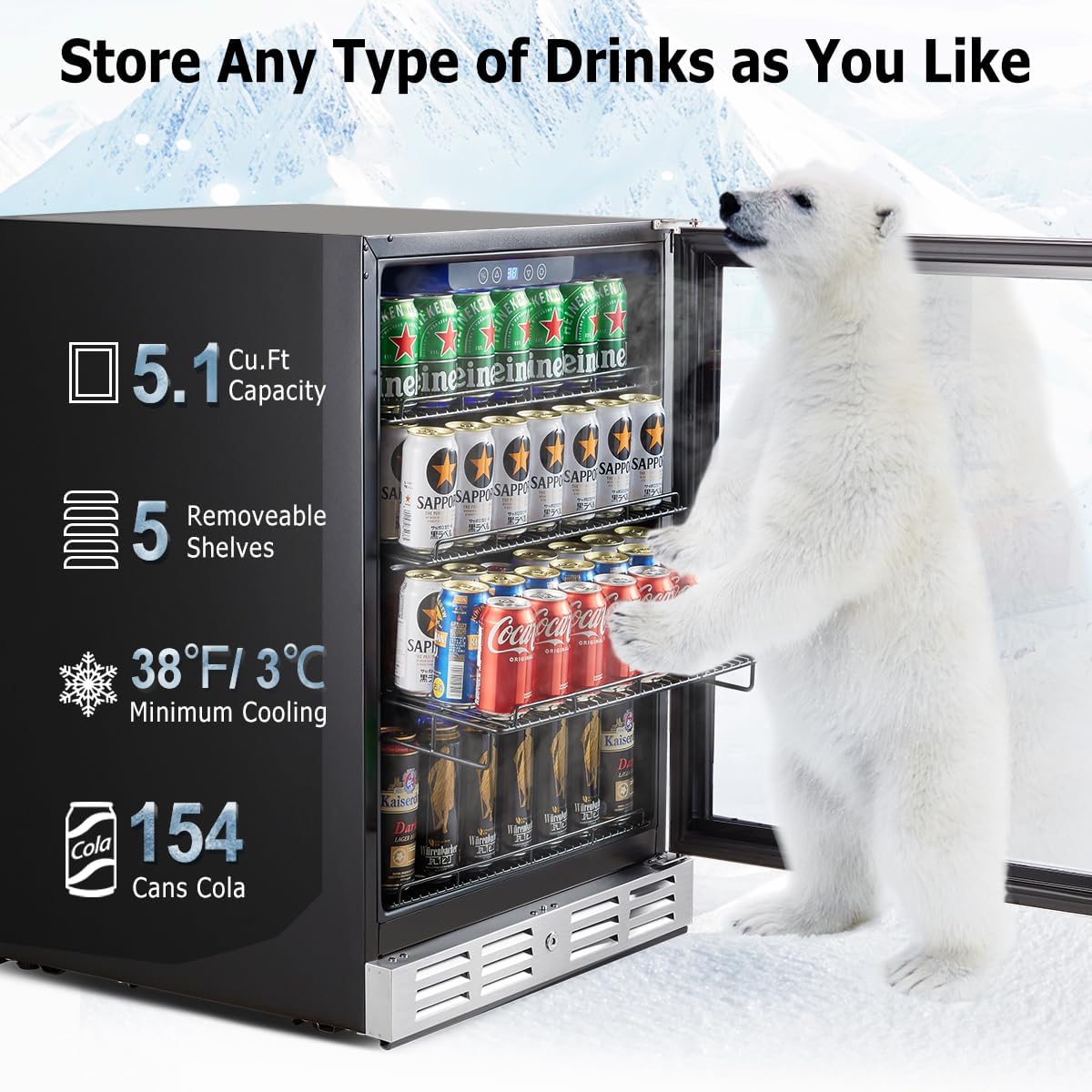 Kalamera 24 inch Beverage Refrigerator - 154 Cans Capacity Beverage Cooler- Fit Perfectly into 24' Space Built in Counter or Freestanding - for Soda, Water, Beer or Wine - For Kitchen, Bar or Office