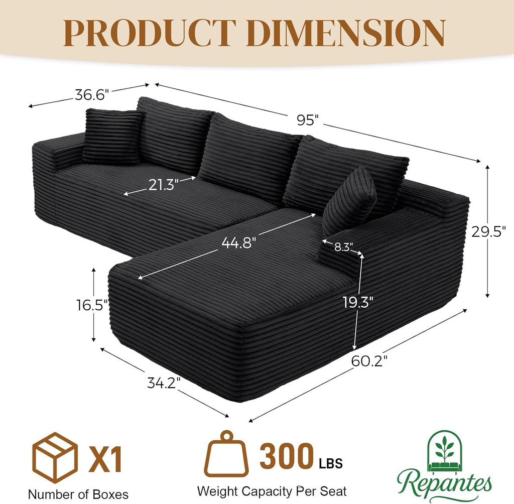 95' L Shaped Boneless Sectional Couches, Wide Armrest, Deep Seat, Memory Foam, Assembly Free, Modern Comfy Corduroy Fluffy Cloud Sofa with Right Chaise for Living Room, Small Spaces, Black