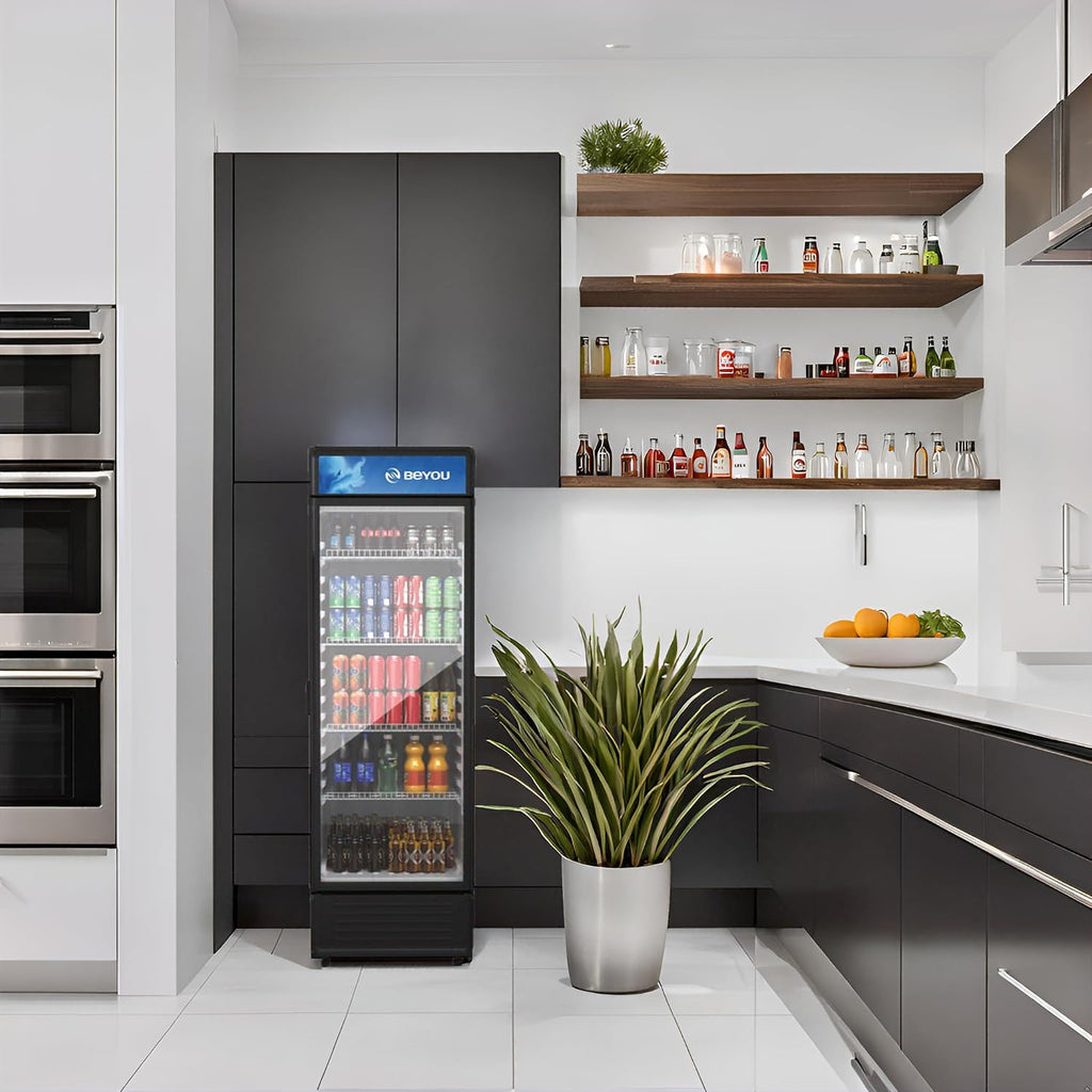 BEYOU Commercial Beverage Refrigerator, 12.2 cu. Ft Upright Display Merchandiser with single Glass Door, Drink Cooler for Living Room,Bar,Garage（Black）