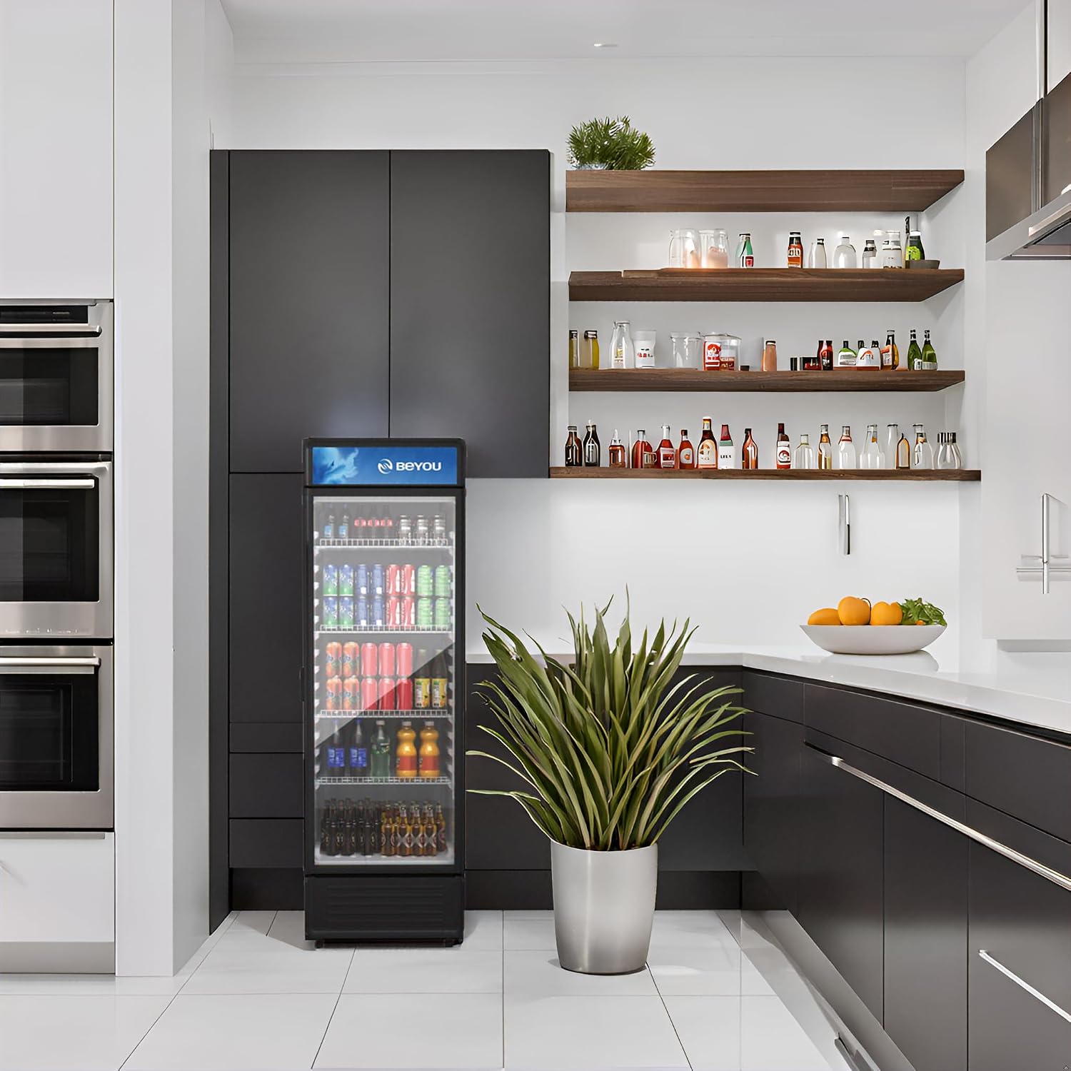 BEYOU Commercial Beverage Refrigerator, 12.2 cu. Ft Upright Display Merchandiser with single Glass Door, Drink Cooler for Living Room,Bar,Garage（Black）