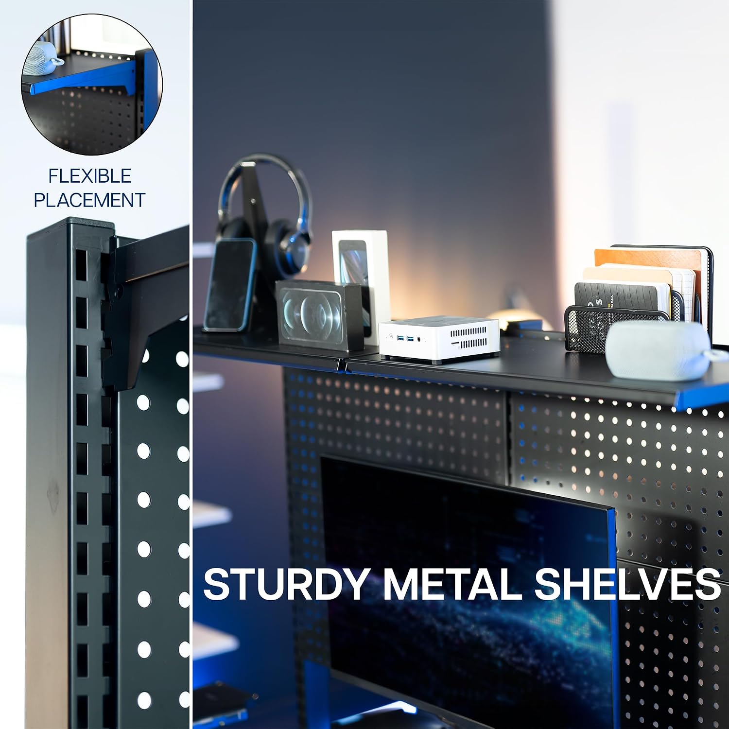 VIVO Steel Triple Clamp 47 x 31 inch Desk Pegboard System with 2 Monitor Mounts and Storage Shelf, Fits up to 32 inch Screens, Office Accessory Organizer, Black, PP-DK48SB