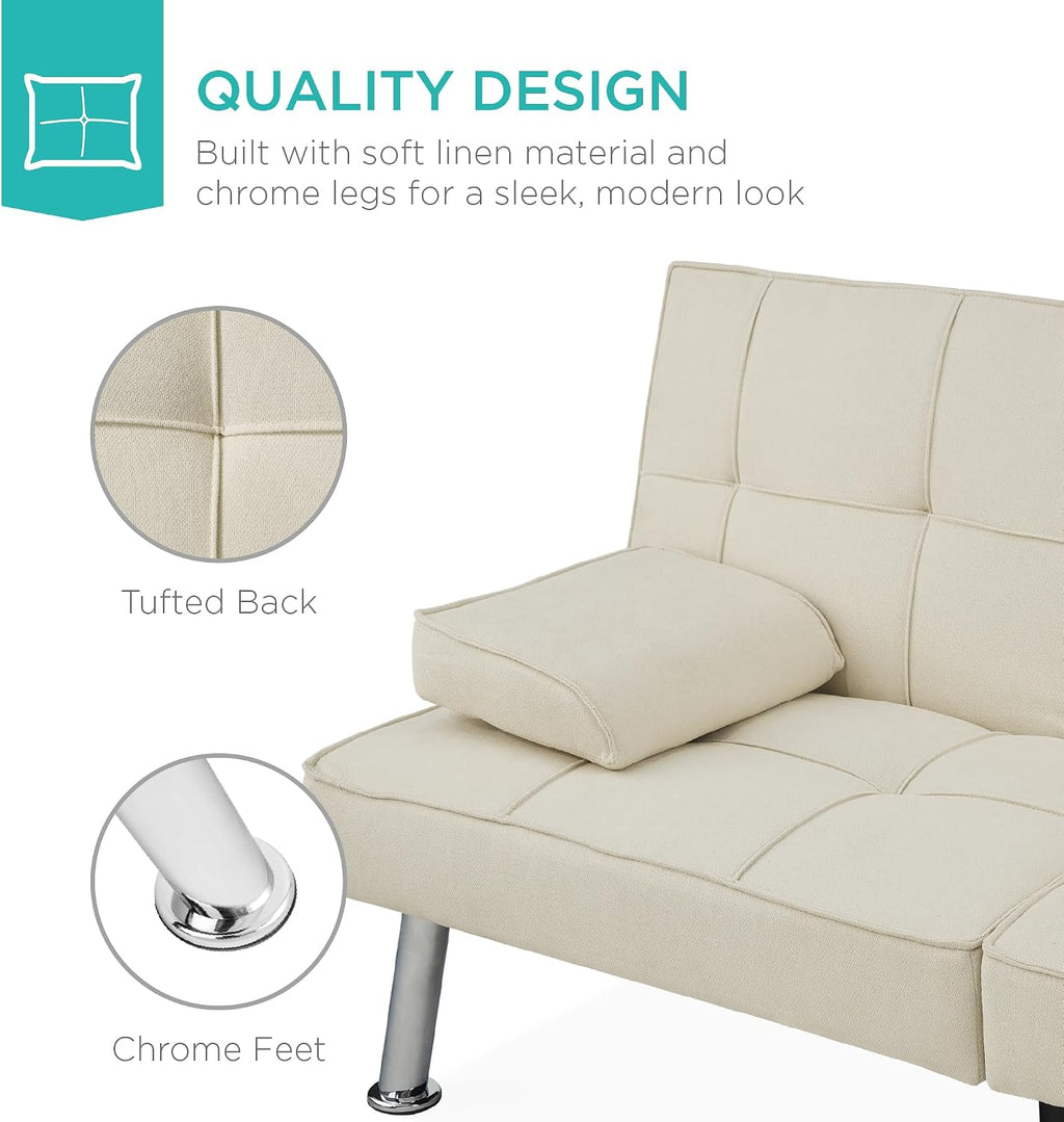 Best Choice Products Linen Modern Folding Futon, Reclining Sofa Bed for Apartment, Dorm w/Removable Armrests, 2 Cupholders - Ivory