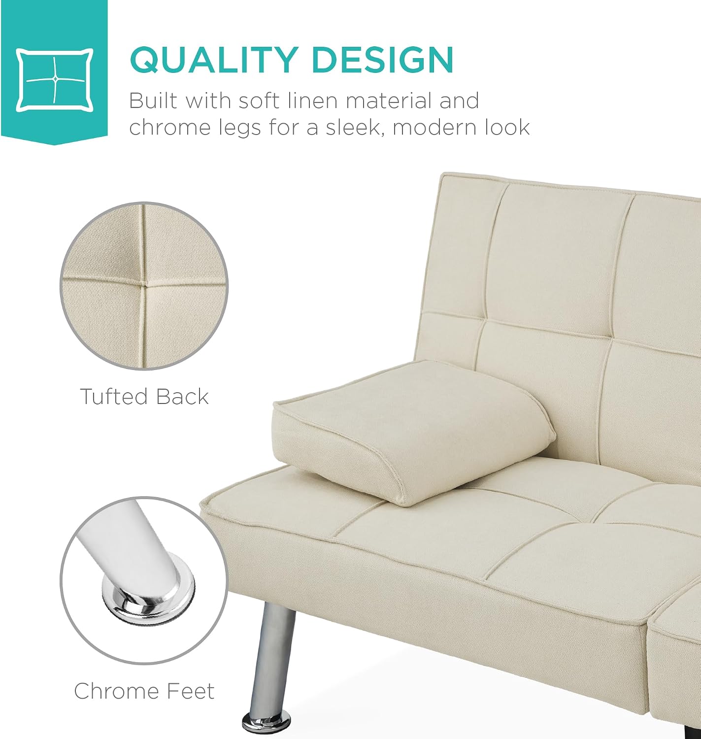 Best Choice Products Linen Modern Folding Futon, Reclining Sofa Bed for Apartment, Dorm w/Removable Armrests, 2 Cupholders - Ivory