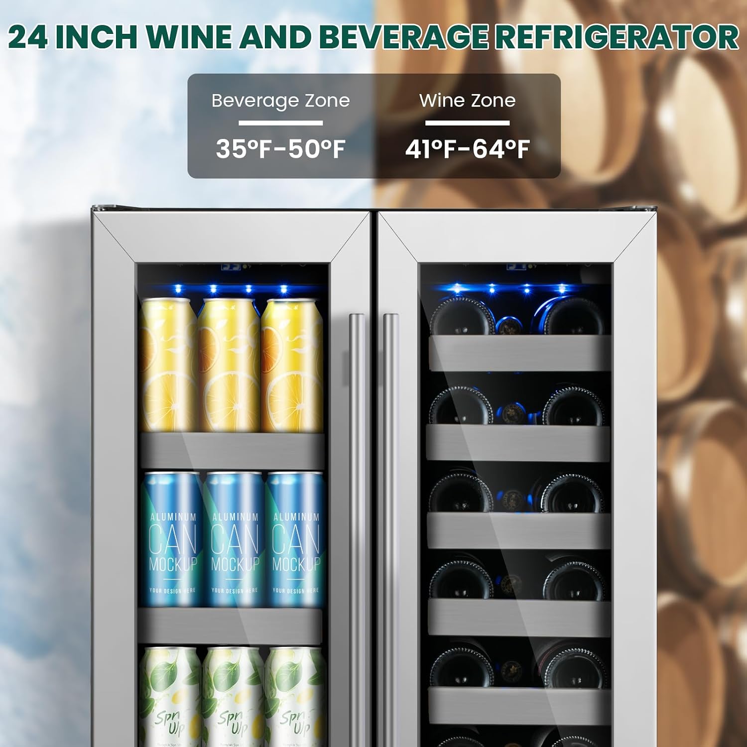 Dual Zone 24 inch Wine and Beverage Refrigerator,20 Bottles and 88 Cans Wine Cooler Refrigerator with Glass Door,Upgraded Beverage Fridge Under Counter or Freestanding for Beer Soda Bar