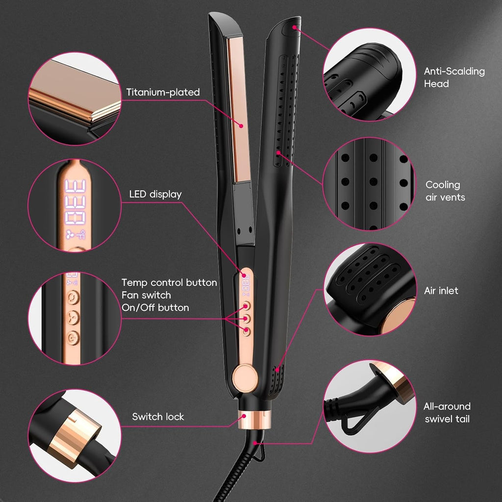 SKIMI Airflow Styler, Titanium Flat Iron Hair Straightener and Curling Iron with Cooling Air Vents to Lock in Style, 5 Temps, Dual Voltage, Auto Off