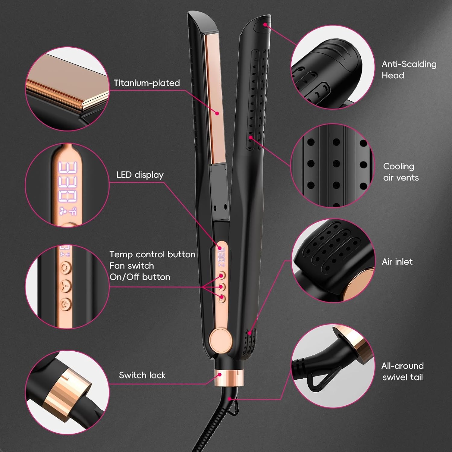 SKIMI Airflow Styler, Titanium Flat Iron Hair Straightener and Curling Iron with Cooling Air Vents to Lock in Style, 5 Temps, Dual Voltage, Auto Off