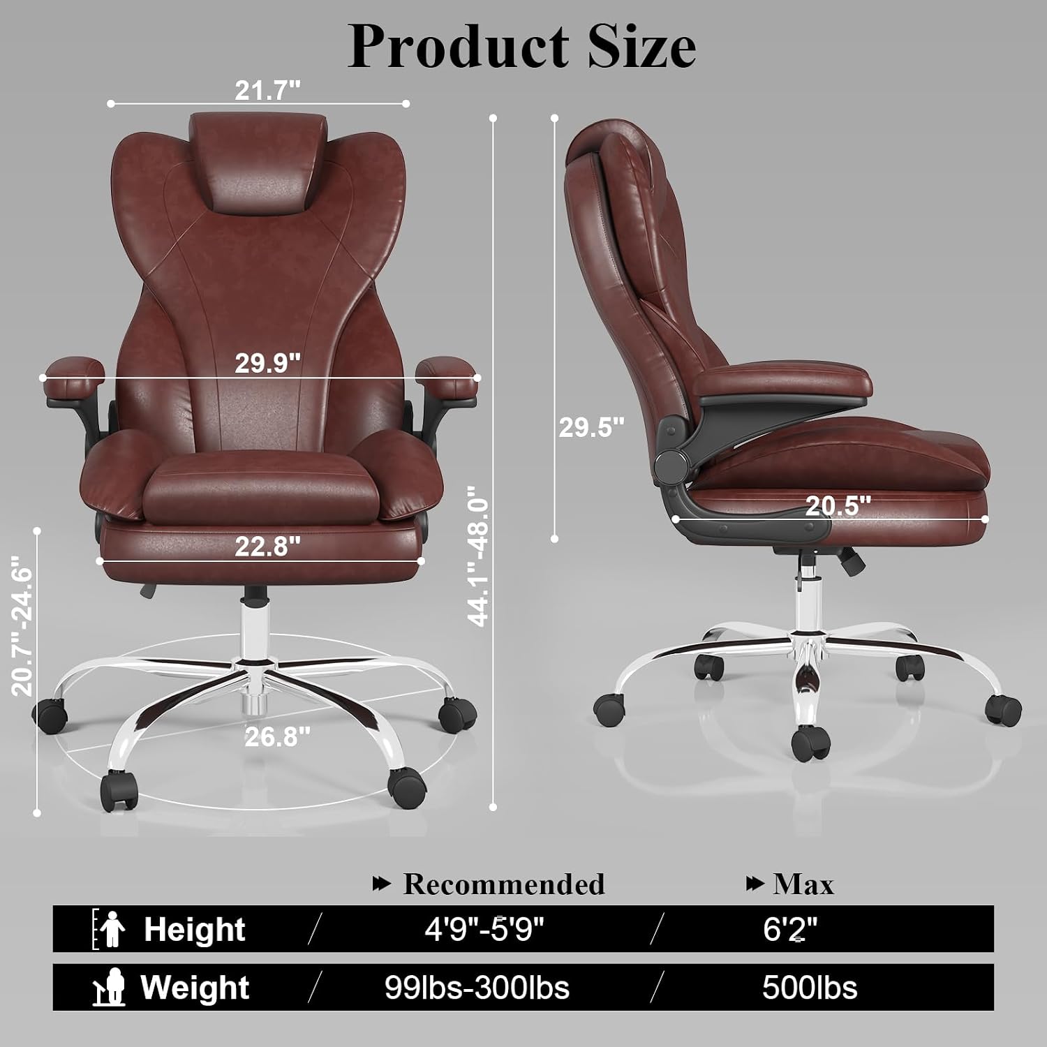Office Desk Chair, Executive Leather Office Chair, High Back Ergonomic Home Desk Chair with Padded Flip-up Arms, Big and Tall Computer Chair with Rocking Function, 360°Swivel Free, Brown