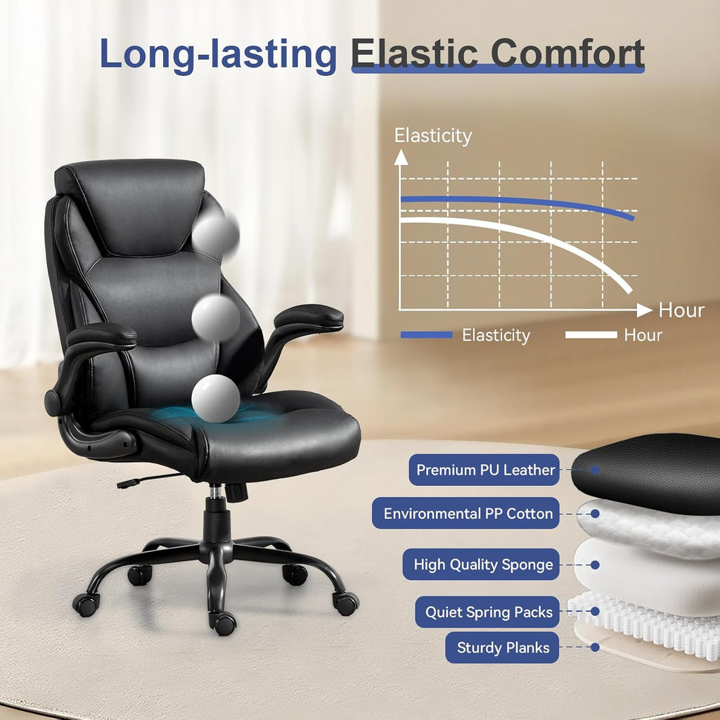 Brage Living 400LBS Big and Tall Office Chair, Heavy Duty Leather Executive Desk Chair with Padded Flip-up Arms, Swivel Rolling Computer Chair for Home Office, Black