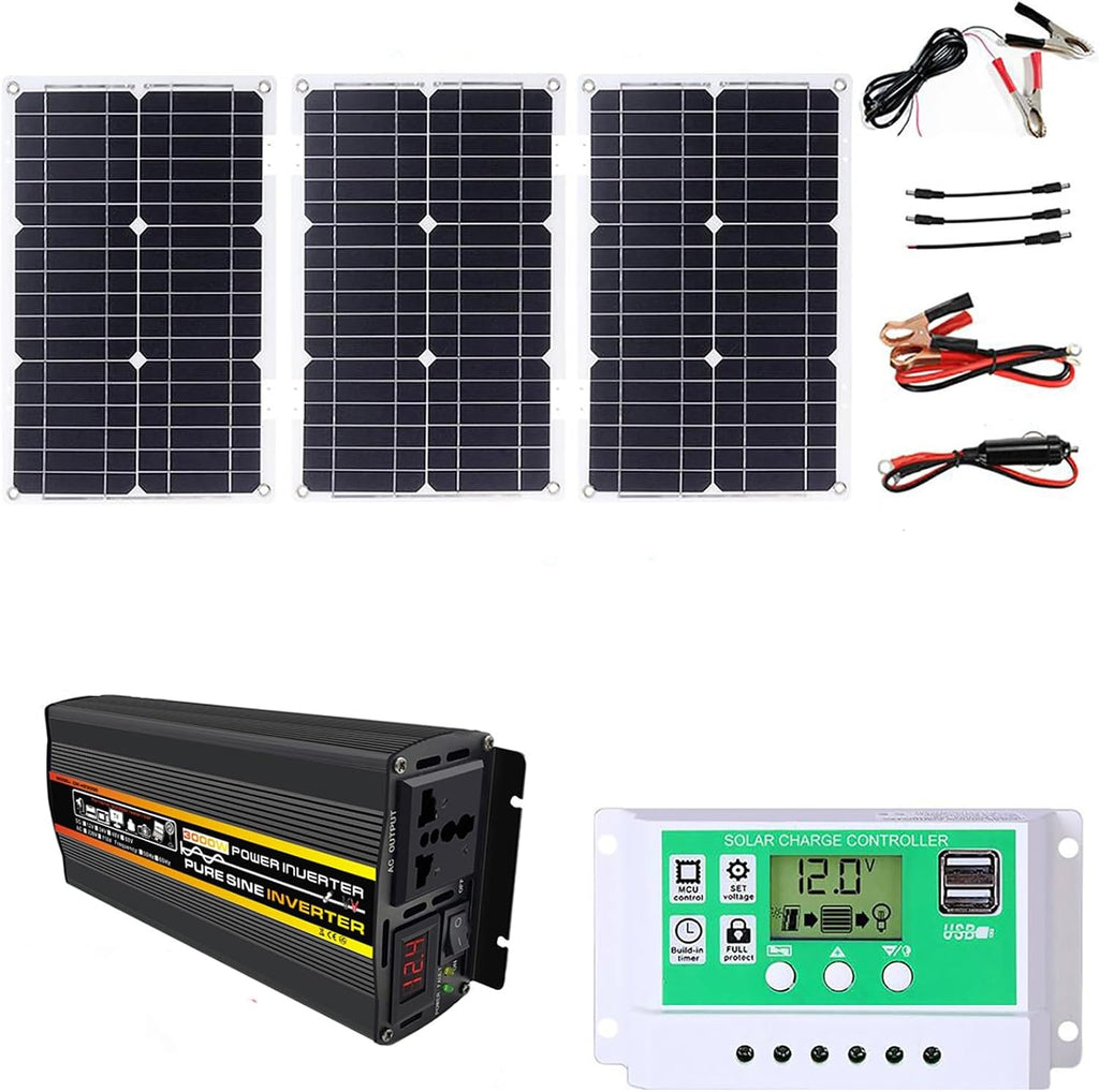 75W Solar Panel with USB Charging Port, 3000W Pure sine Inverter, Fast Charging, Waterproof Solar Inverter Combination kit, Suitable for RV and Party use(12V-110V)