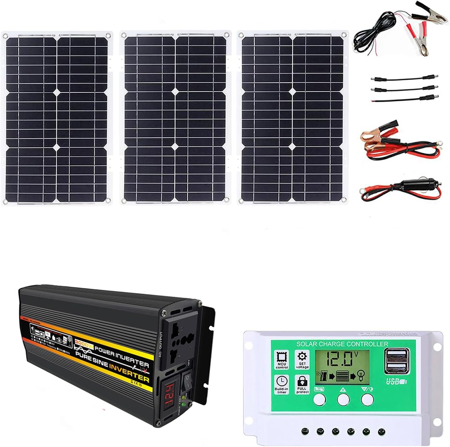 75W Solar Panel with USB Charging Port, 3000W Pure sine Inverter, Fast Charging, Waterproof Solar Inverter Combination kit, Suitable for RV and Party use(12V-110V)
