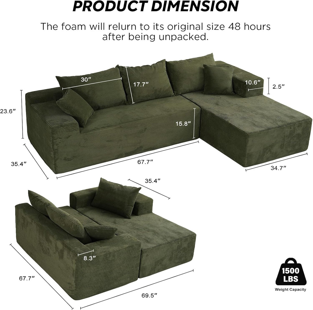 Green 103' Cloud Couch Sectional Sofa in Box with L-Shape Chaise,Modern Modular Couches Upholstered with Deep Seat for Living Room,No Assembly Required