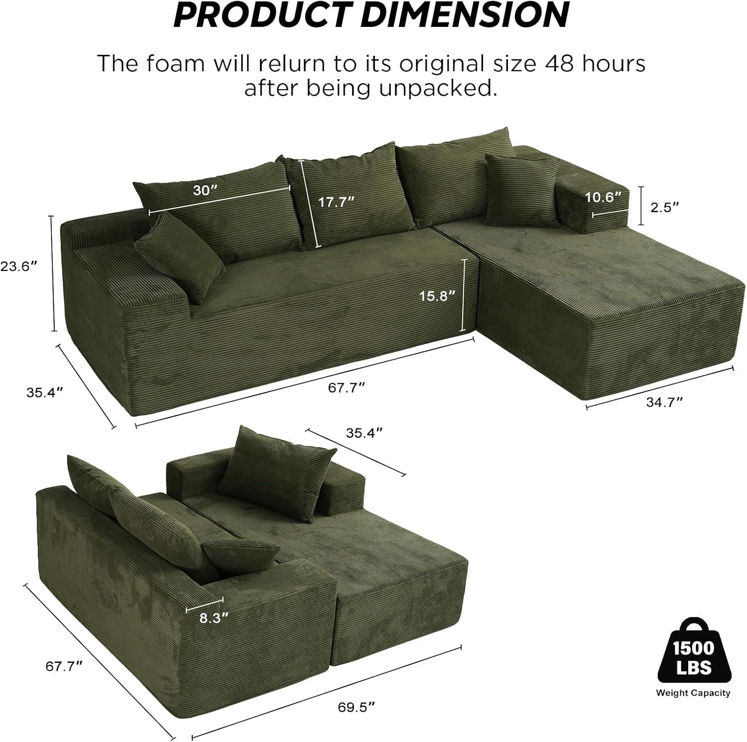 Green 103' Cloud Couch Sectional Sofa in Box with L-Shape Chaise,Modern Modular Couches Upholstered with Deep Seat for Living Room,No Assembly Required
