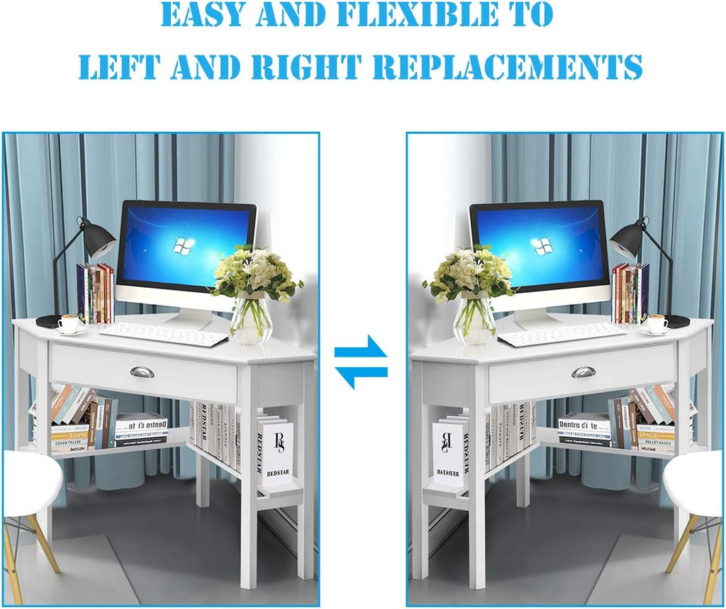 Tangkula White Corner Desk with Drawer, Storage Shelves for Computer, Makeup Vanity Desk for Small Space, 90 Degrees Triangle Desk