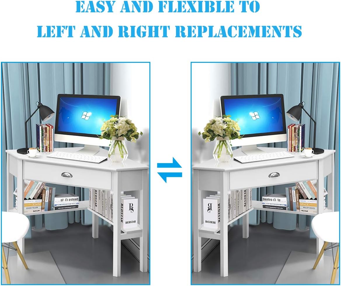 Tangkula White Corner Desk with Drawer, Storage Shelves for Computer, Makeup Vanity Desk for Small Space, 90 Degrees Triangle Desk