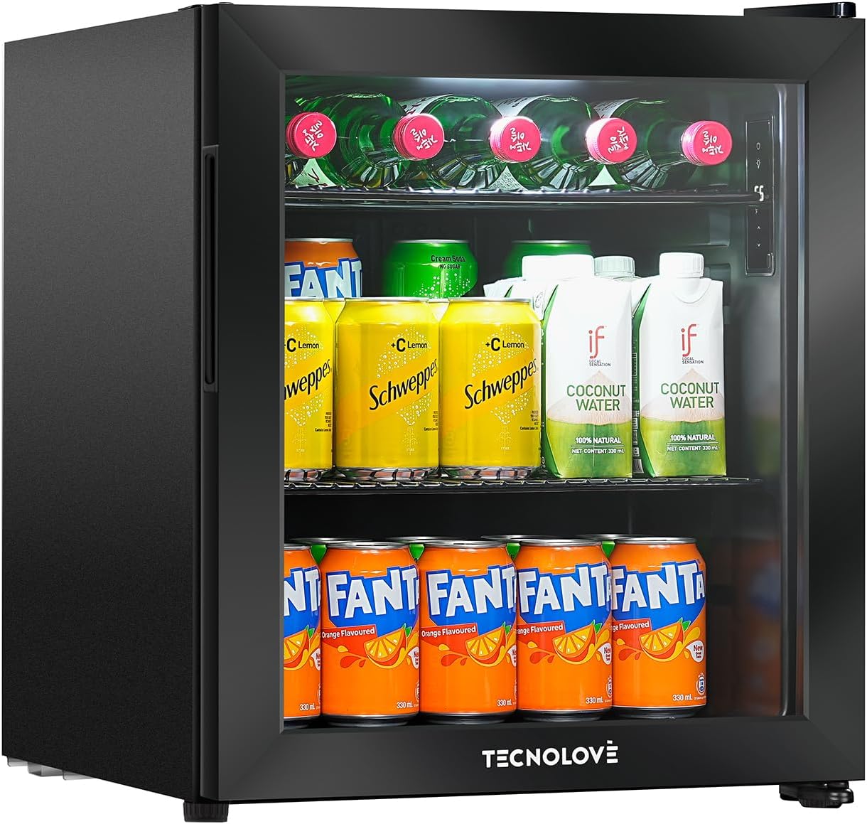 Beverage Refrigerator Cooler,Mini Fridge,Free Standing,1.6 Cu.Ft Cools Down To 32 ℉,Stainless Steel,LED Touchscreen Digital Temp Control,Under Counter,Double-layer Glass Door,Adjustable Shelves,Black