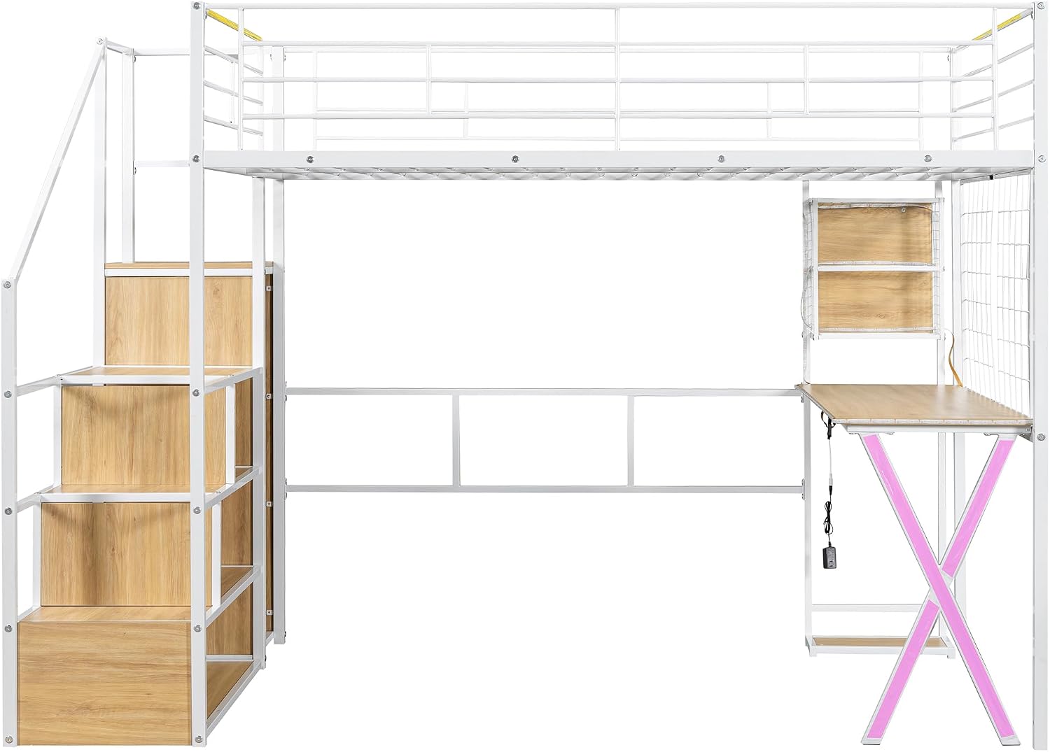 Metal Full Size Loft Bed with Desk and Stairs,Heavy Duty Loft Bed Frame with Wardrobe and LED Lights,Loft Bed Full Size with Storage Shelves for Kids,Teens,Adults,Space Saving,White