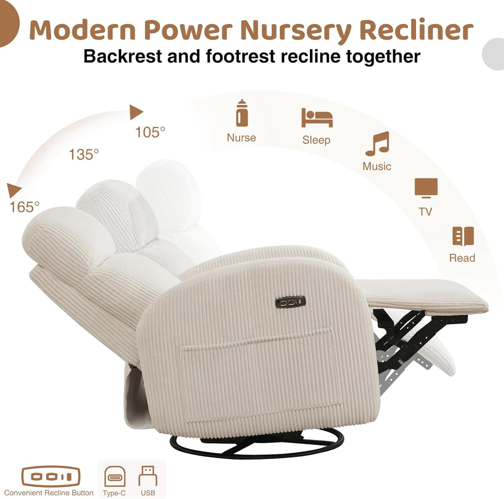 Power Nursery Glider Recliner, Swivel Glider Recliner with USB & Type-C Port, Swivel Reclining Nursery Rocker with Double Pockets for Living Room, White,Corduroy
