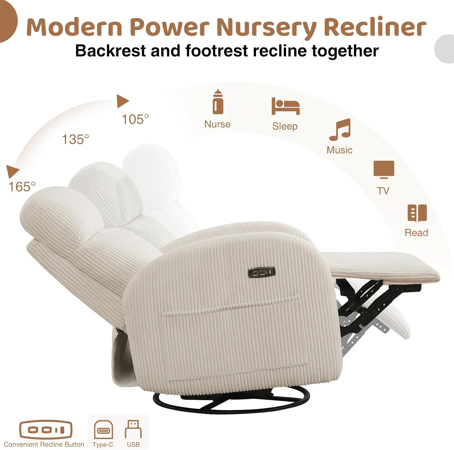 Power Nursery Glider Recliner, Swivel Glider Recliner with USB & Type-C Port, Swivel Reclining Nursery Rocker with Double Pockets for Living Room, White,Corduroy