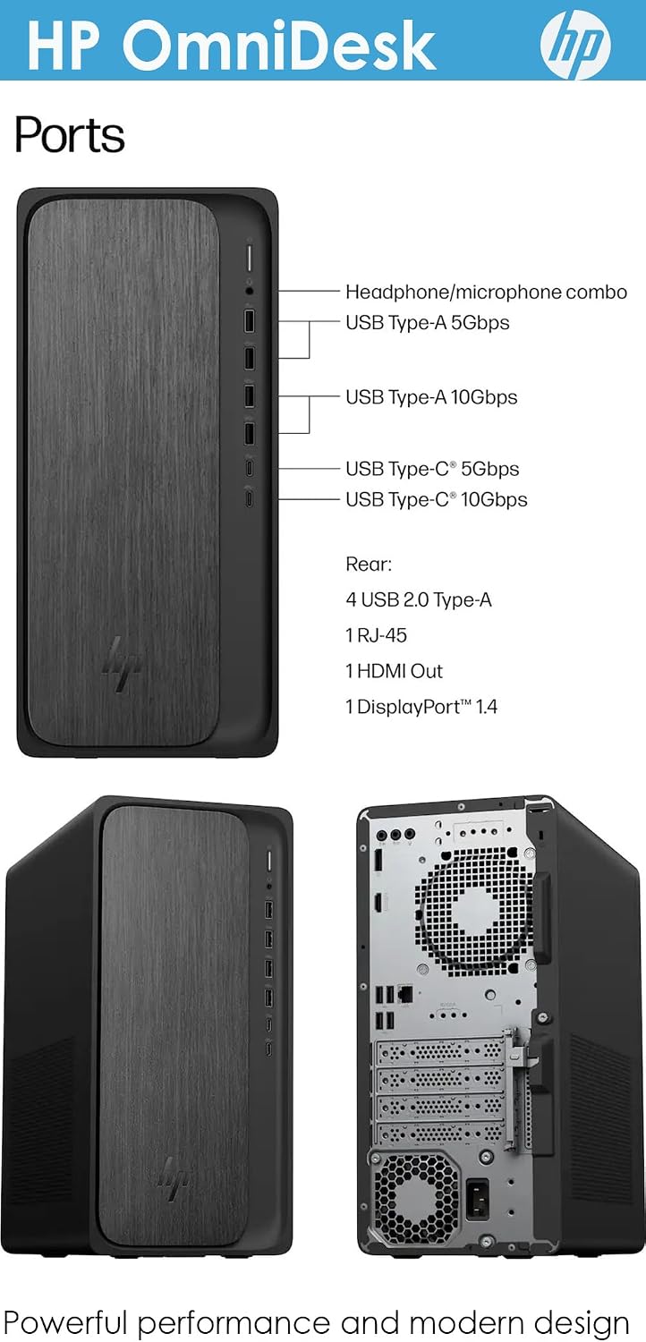 HP OmniDesk Desktop, AI PC w/ 16 NPU Tops, 8-Core AMD Ryzen 7-8700G CPU (Upto 5.1GHz), 16GB DDR5 RAM, 256GB SSD, USB-C, Wi-Fi 6, Dual Monitor Support, Bluetooth, Windows 11 Pro, Wireless KB & Mouse
