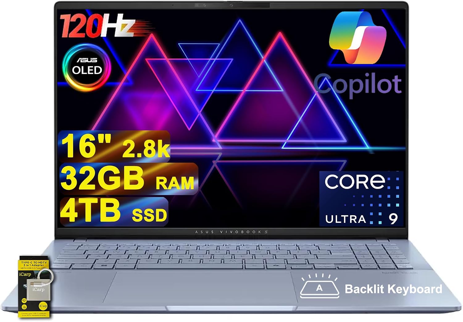 ASUS Vivobook S16 AI PC Laptop 16' 2.8k OLED 120Hz (600nits, 100% DCI-P3) Intel 16-core Ultra 9 285H 32GB RAM 4TB SSD Backlit for Creator Designer Business Professional Win11 ICP Hub