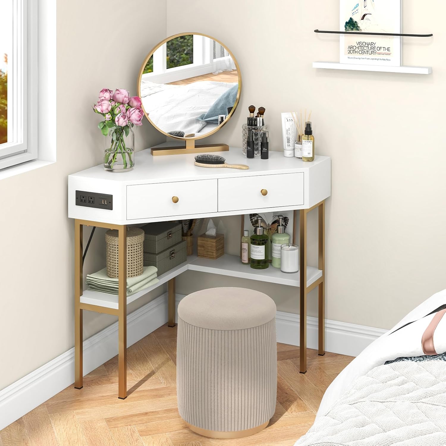 Tangkula White Corner Desk with 2 Drawers & Built-in Charging Station, 90 Degrees Triangle Computer Desk for Small Space, Bedroom Makeup Vanity Desk with Shelves, Corner Writing Desk